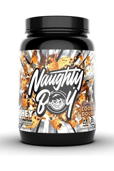 Naughty Boy Whey 100 protein powder in Cinnamon Cookie Dough flavor, high-quality whey blend for muscle recovery.