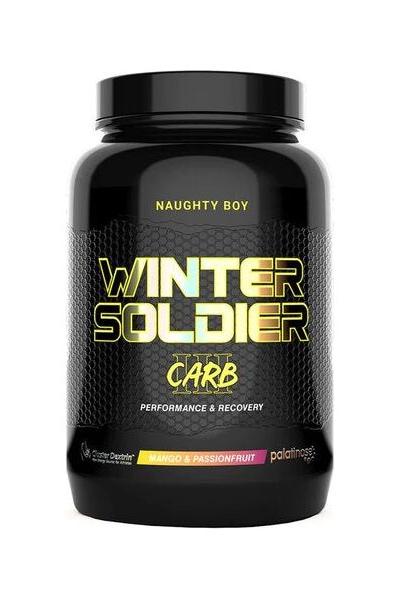 Naughty Boy Winter Soldier CARB3 supplement for performance and recovery, featuring mango and passionfruit flavor.