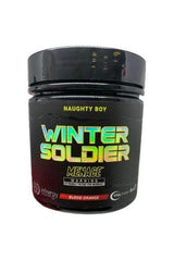 Winter Soldier Menace pre-workout supplement in Blood Orange flavor, 400g container by Naughty Boy.