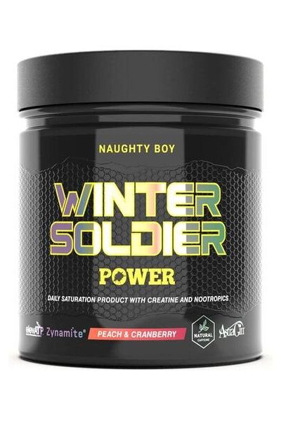 Naughty Boy Winter Soldier Power supplement for strength and endurance with peach and cranberry flavor.