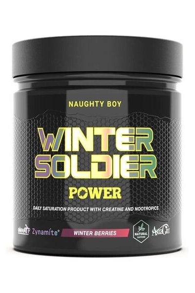 Naughty Boy Winter Soldier Power supplement container, designed to enhance strength, endurance, and recovery.