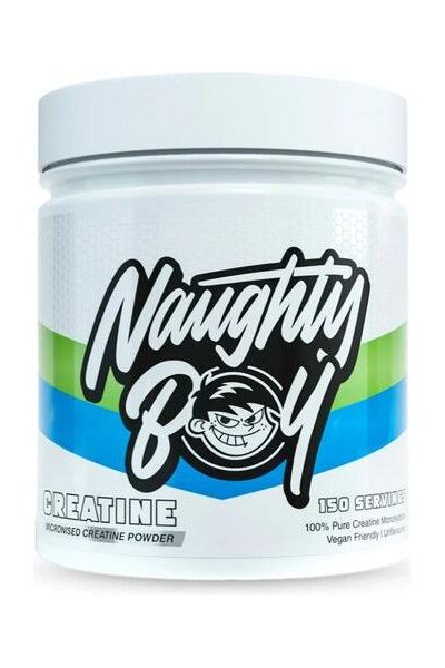 NaughtyBoy creatine powder container, 150 servings, 100% pure micronized creatine for enhanced endurance.