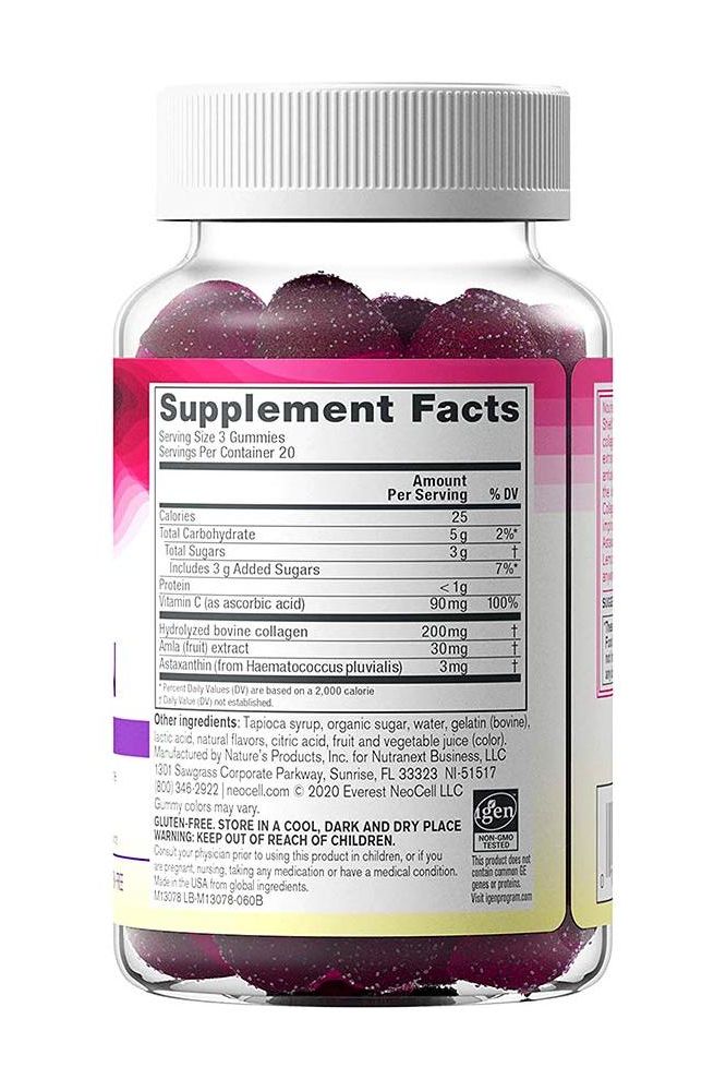NeoCell Beauty Shield Collagen Gummies Supplement Facts label, highlighting ingredients and nutritional information.