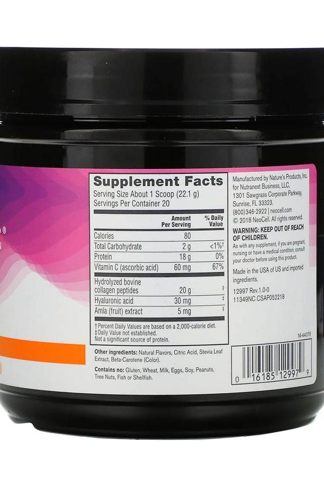 Supplement facts label for NeoCell Collagen Protein Peptides, Mandarin Orange flavor, highlighting nutritional information.