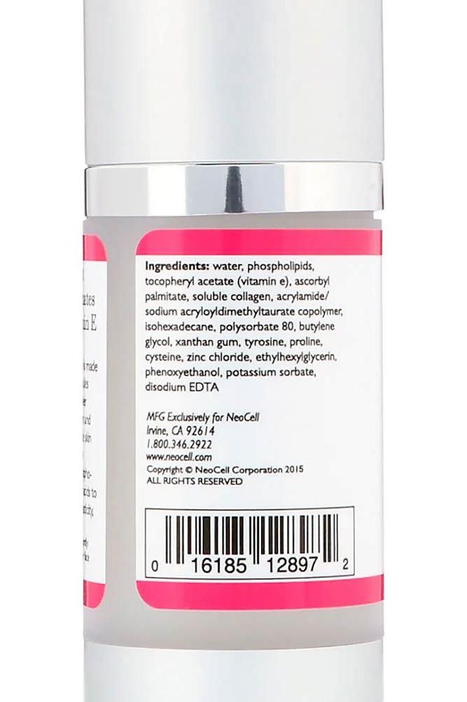 Ingredients list for NeoCell Collagen Radiance Serum showcasing key components for healthy skin.