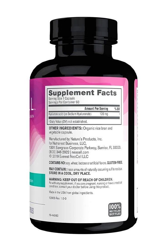 NeoCell Hyaluronic Acid 60 Capsules supplement facts label for hydration benefits and skin health.