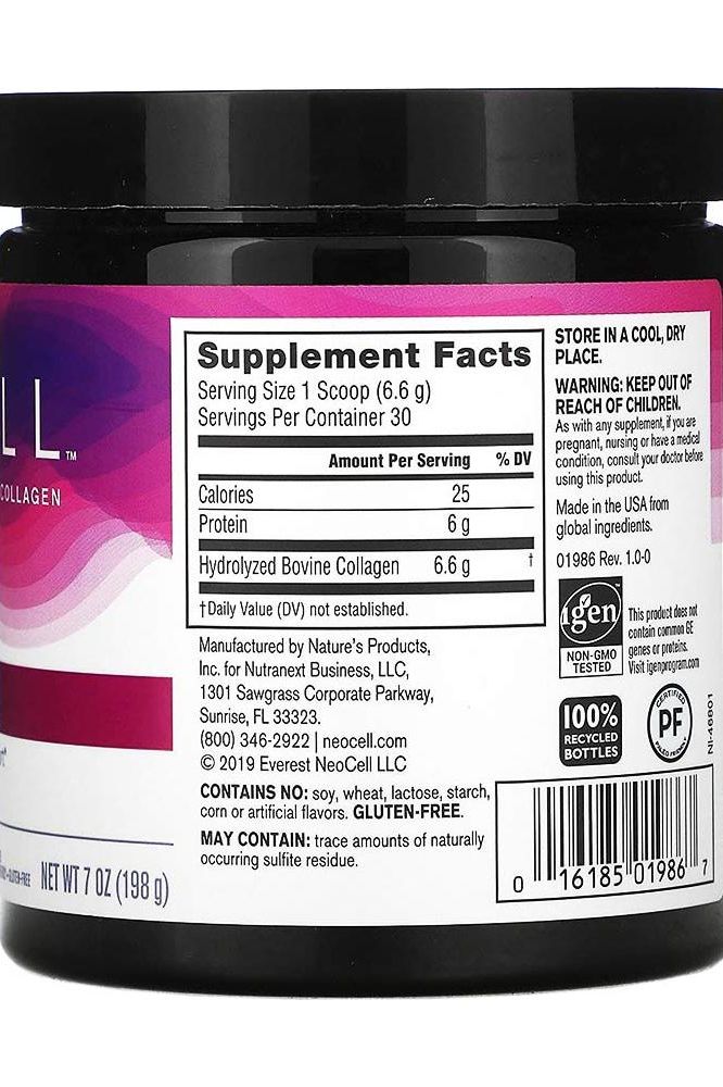 NeoCell Super Collagen Type 1&3 Supplement Facts panel showing nutrients and serving details.
