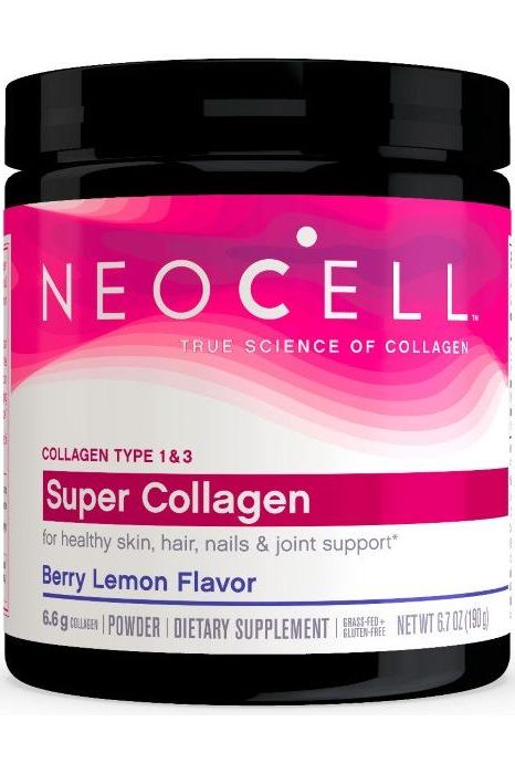 NeoCell Super Collagen Type 1&3 powder jar in Berry Lemon flavor for healthy skin and nails.