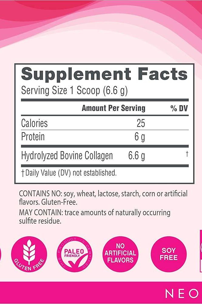 Supplement facts label for NeoCell Super Collagen, highlighting calories, protein, and hydrolyzed bovine collagen content.