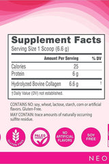 Supplement facts label for NeoCell Super Collagen, highlighting calories, protein, and hydrolyzed bovine collagen content.