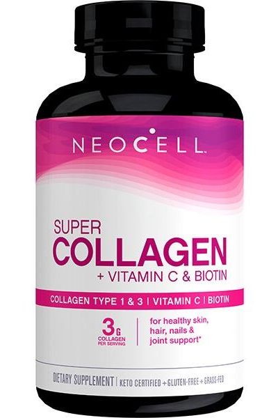 NeoCell Super Collagen bottle with Vitamin C and Biotin for healthy skin, hair, nails, and joint support.