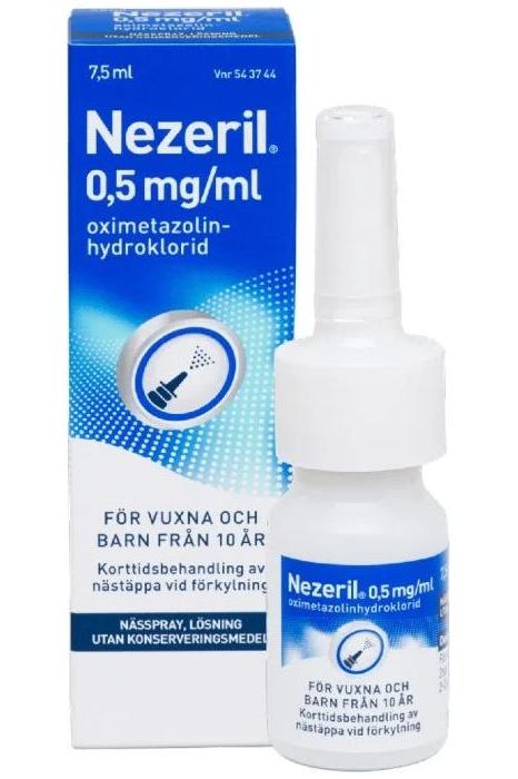 Nezeril nässpray 0,5 mg/ml 7,5 ml för lindring av nästäppa, lämplig för vuxna och barn över 10 år.