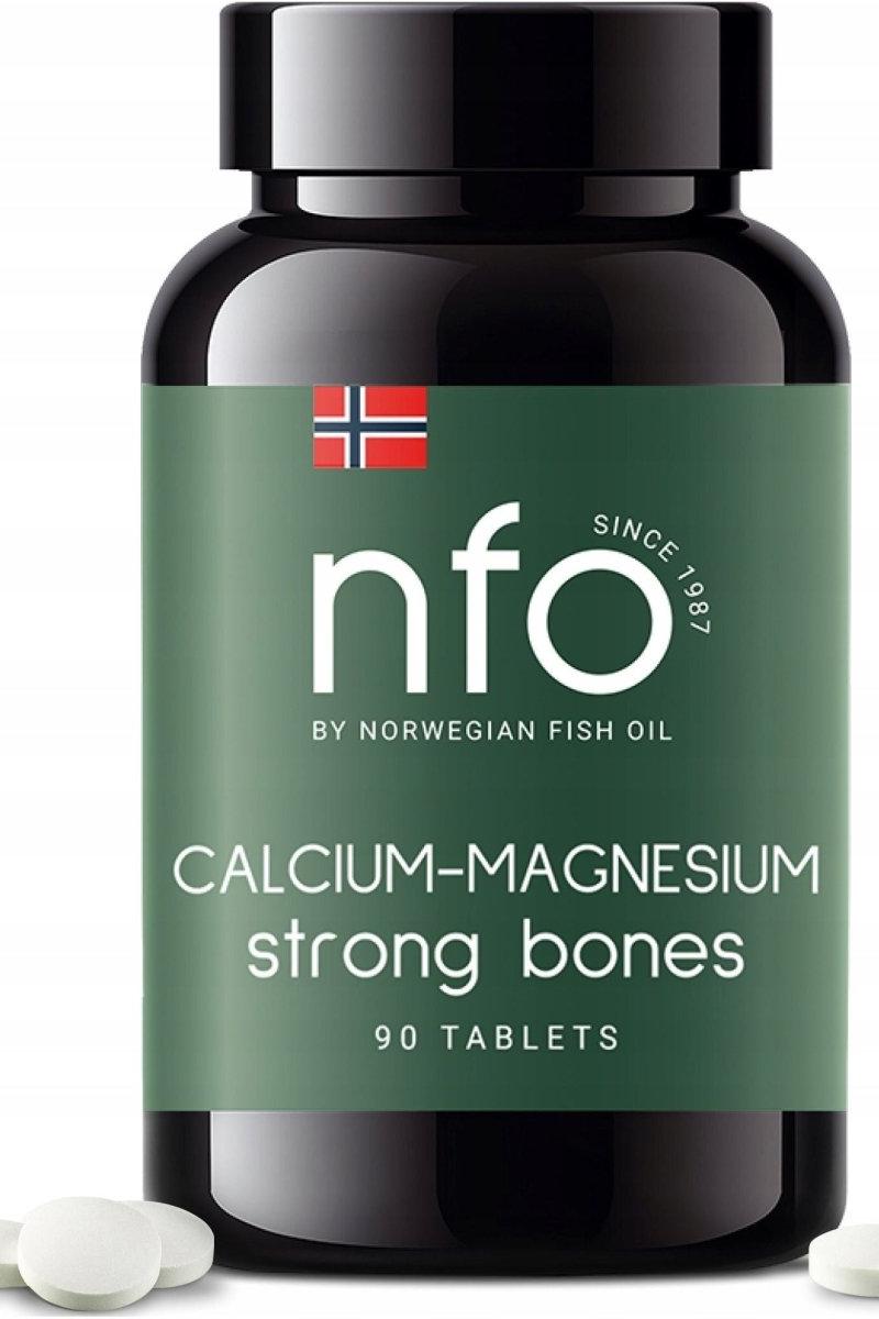 NFO Calcium-Magnesium supplement bottle for strong bones, featuring 90 tablets and high bioavailability.
