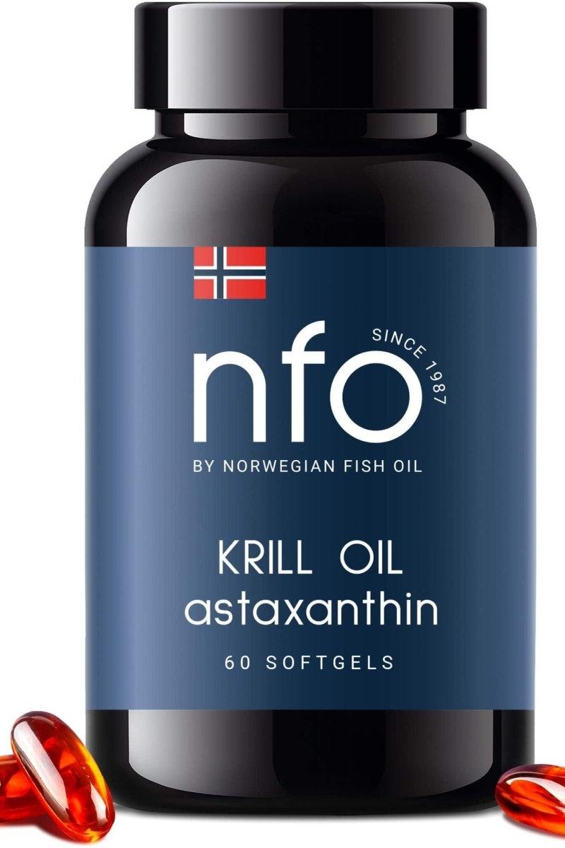 NFO Krill Oil Astaxanthin supplement bottle with 60 softgels and Norwegian flag design.