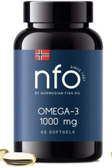 NFO Omega-3 1000 mg supplement bottle with 60 softgels, by Norwegian Fish Oil, for health benefits.
