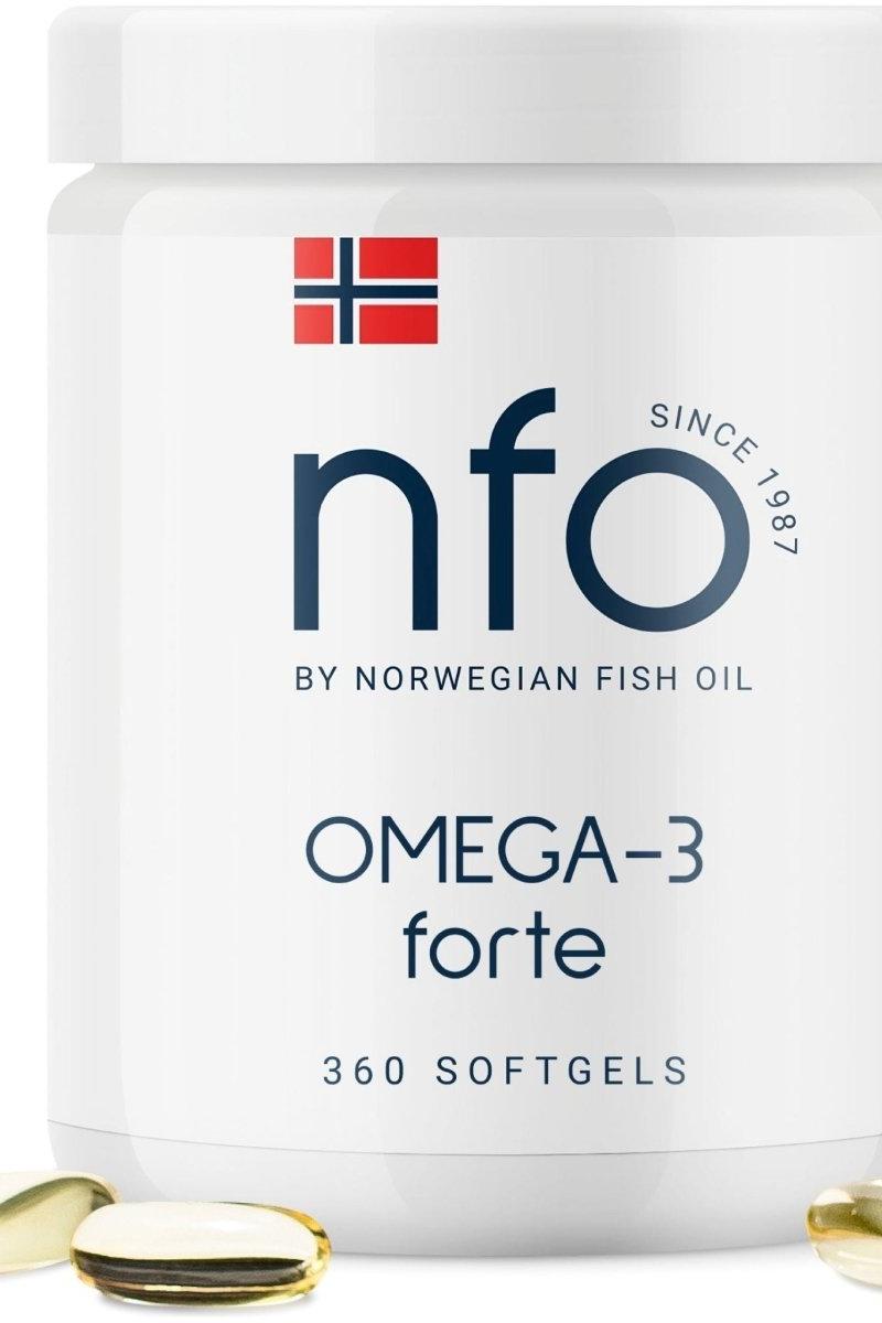 NFO Omega-3 Forte product jar with 360 softgels for improved cognitive function and health benefits.