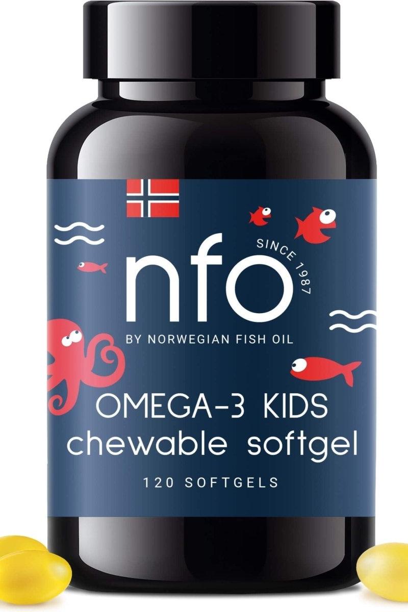 NFO Omega-3 Kids chewable softgel bottle with 120 capsules featuring fun sea creature design.