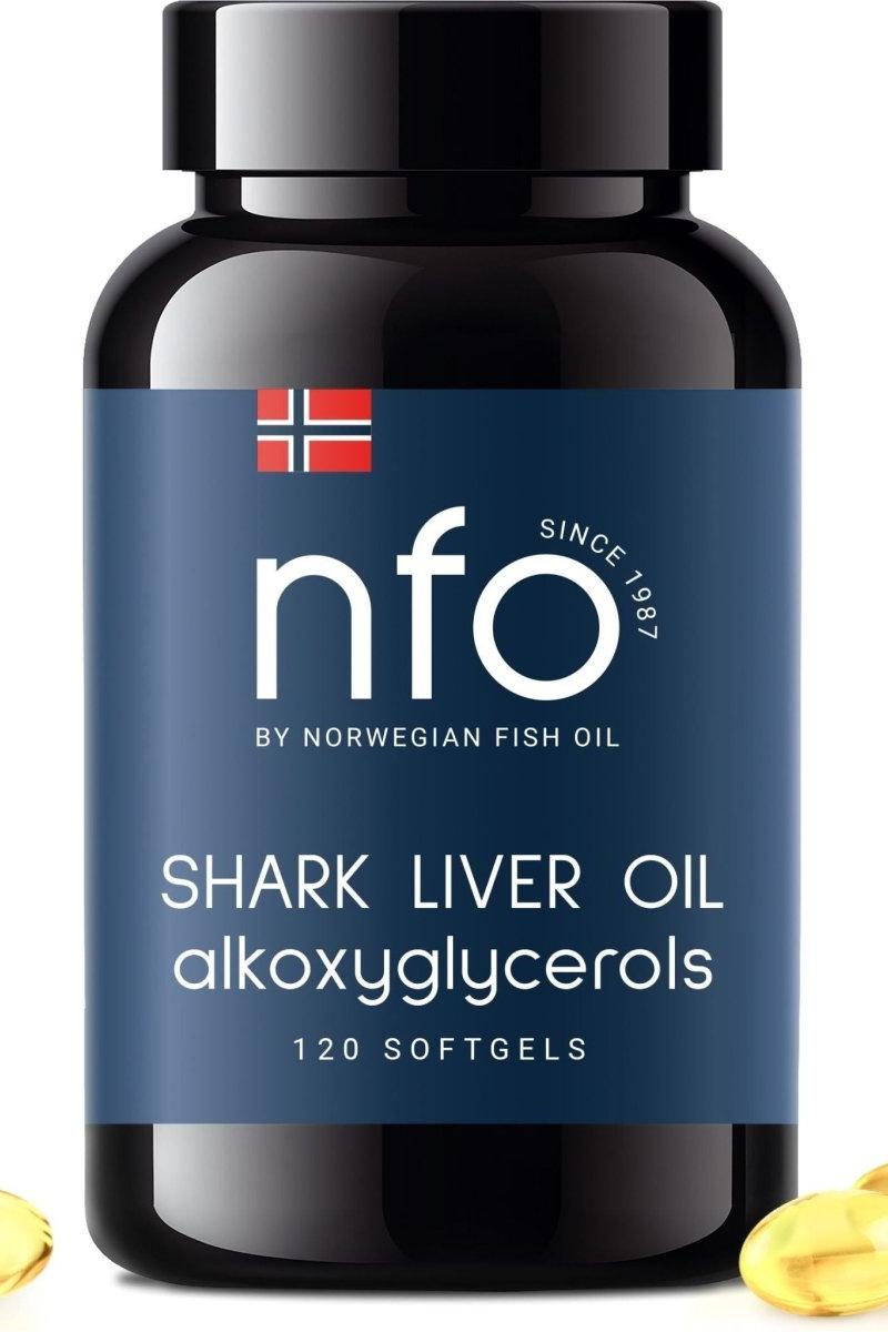 NFO Omega-3 Shark Liver Oil bottle with 120 softgels, highlighting alkoxyglycerols for immune support and overall health.