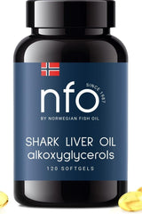 NFO Omega-3 Shark Liver Oil bottle with 120 softgels, highlighting alkoxyglycerols for immune support and overall health.