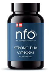 NFO Strong DHA Omega-3 supplement bottle with 90 softgels for brain and eye health benefits.