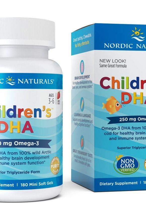 Nordic Naturals Children's DHA supplement bottle and packaging for brain development in children ages 3-6.