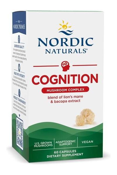 Nordic Naturals Cognition Mushroom Complex packaging with benefits for cognitive support and immune health.