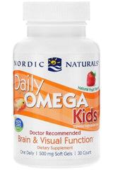 Nordic Naturals Daily Omega Kids softgel bottle for brain and visual function, natural fruit flavor, 30 count.