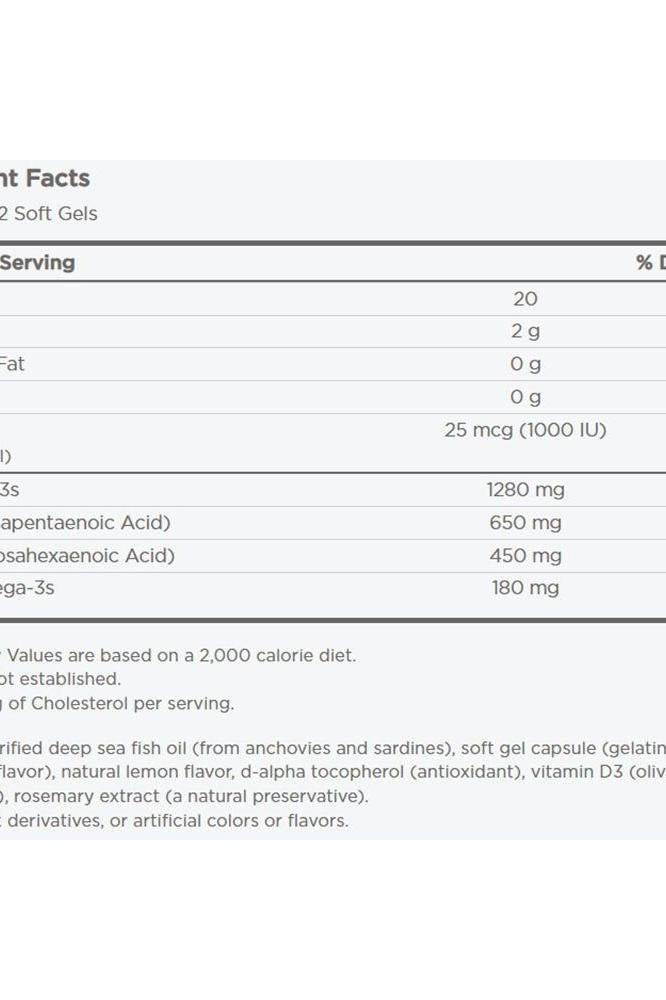 Nutrition facts for Nordic Naturals Daily Omega with Vitamin D, highlighting omega-3 content and vitamin D dosage.