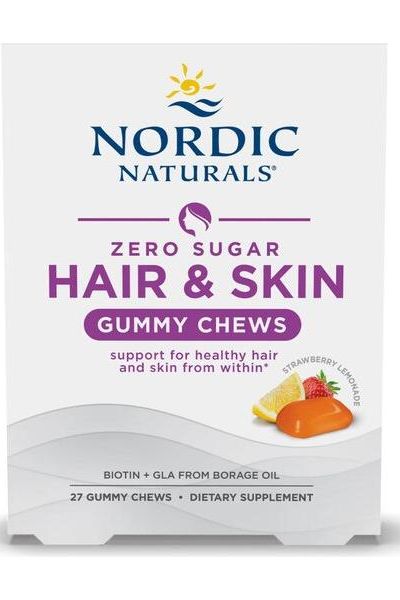 Nordic Naturals Hair & Skin Gummy Chews, Strawberry Lemonade, 27 pieces, supports healthy hair and skin.