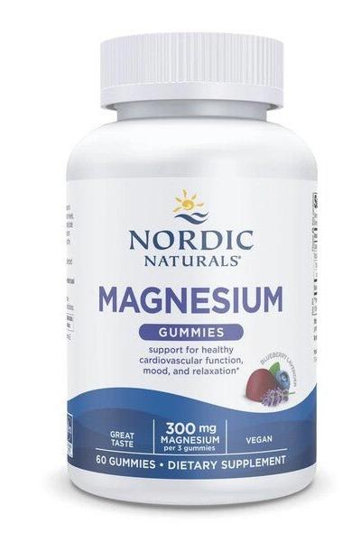 Nordic Naturals Magnesium Gummies, dietary supplement supporting relaxation and cardiovascular health, with blueberry flavor.