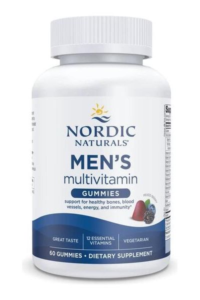 Nordic Naturals Men's Multivitamin Gummies bottle, 60 gummies, vegetarian, mixed berry flavor for men's health needs.