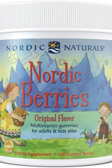 Nordic Naturals Nordic Berries Multivitamin gummies in a 120-count bottle, natural flavor for kids and adults.