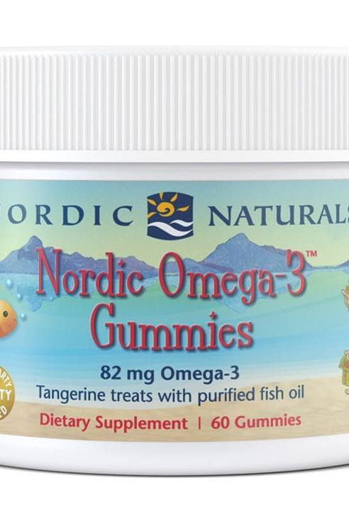 Nordic Naturals Nordic Omega-3 Gummies container with tangerine flavor, offering 82 mg omega-3 per serving, 60 gummies in total.