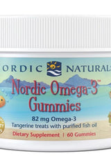 Nordic Naturals Nordic Omega-3 Gummies container with tangerine flavor, offering 82 mg omega-3 per serving, 60 gummies in total.