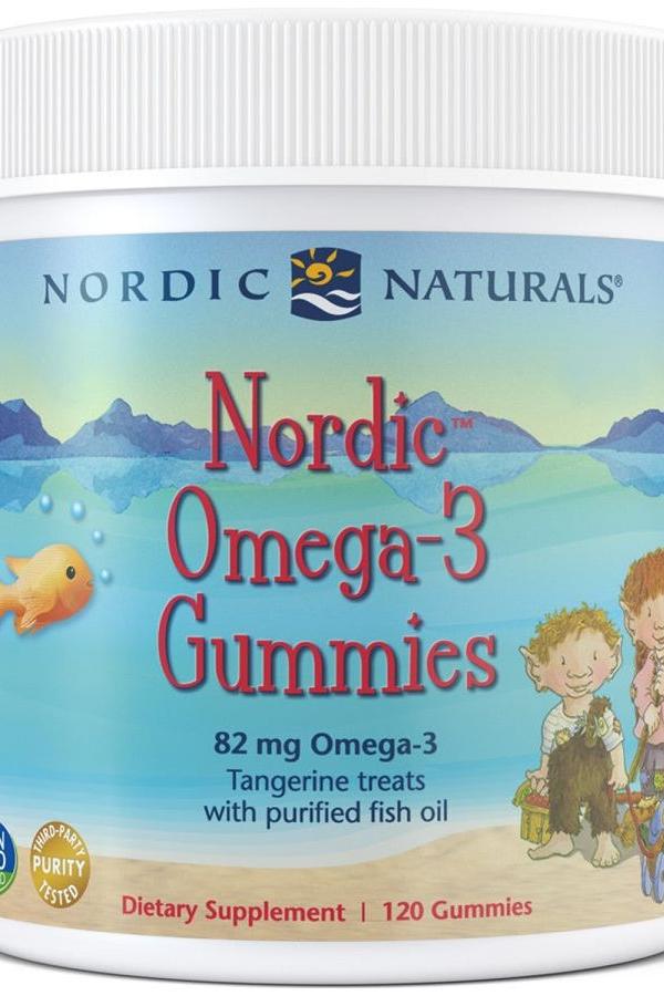 Nordic Naturals Omega-3 Gummies container with tangerine flavor and 82 mg omega-3 for kids.