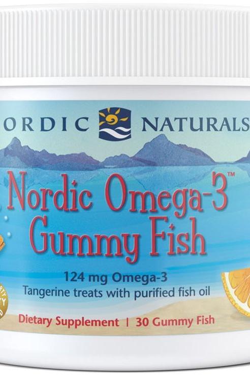 Nordic Naturals Nordic Omega-3 Gummy Fish, tangerine-flavored dietary supplement with 124 mg Omega-3 in 30 gummies.