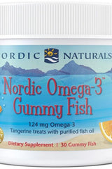 Nordic Naturals Nordic Omega-3 Gummy Fish, tangerine-flavored dietary supplement with 124 mg Omega-3 in 30 gummies.