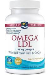 Nordic Naturals Omega LDL supplement bottle, 1152mg Omega-3 with Red Yeast Rice and CoQ10, 60 softgels.