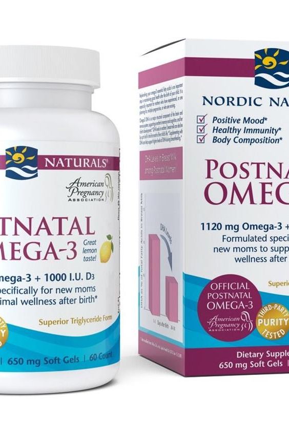 Nordic Naturals Postnatal Omega-3 supplement bottle and box, 1120mg, lemon flavor, 60 softgels.