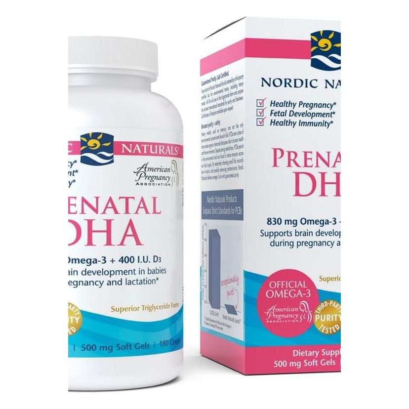 Nordic Naturals Prenatal DHA supplement bottle and box, offering omega-3 for healthy pregnancy and fetal development.