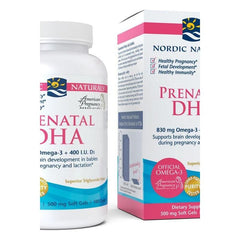 Nordic Naturals Prenatal DHA supplement bottle and box, offering omega-3 for healthy pregnancy and fetal development.