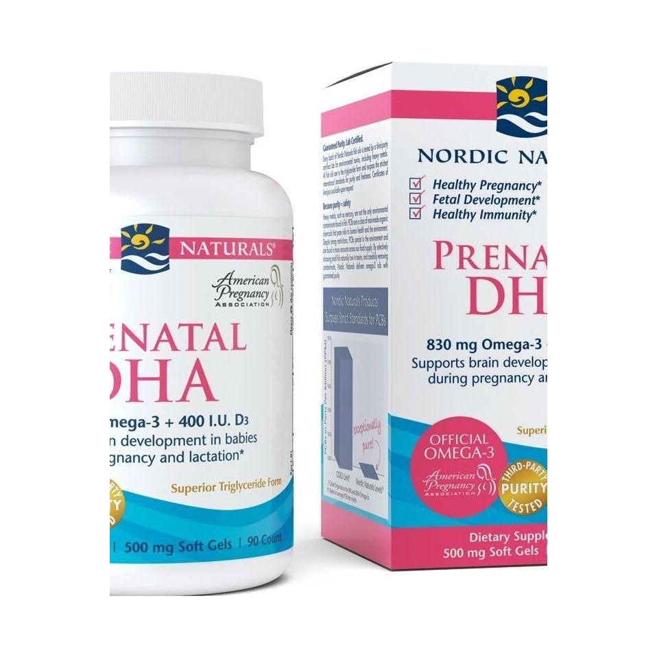 Nordic Naturals Prenatal DHA soft gel supplement for healthy pregnancy and brain development in babies.