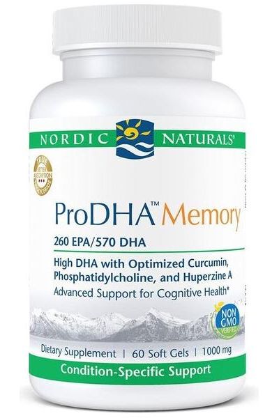 Nordic Naturals ProDHA Memory softgels for cognitive health and memory support, 60 count bottle.