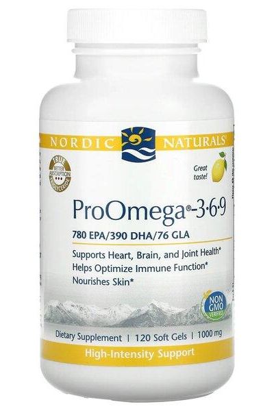 Nordic Naturals ProOmega 3-6-9 softgels supplement for heart and brain health, 120 count, lemon flavor.