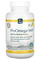 Nordic Naturals ProOmega 3-6-9 softgels supplement for heart and brain health, 120 count, lemon flavor.