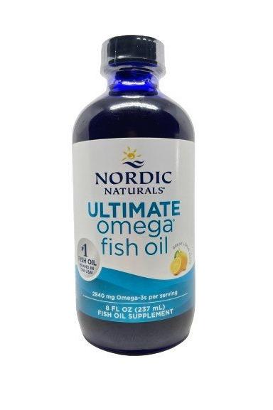 Nordic Naturals Ultimate Omega fish oil supplement in a blue bottle, 8 fl oz, promoting brain health and immunity.