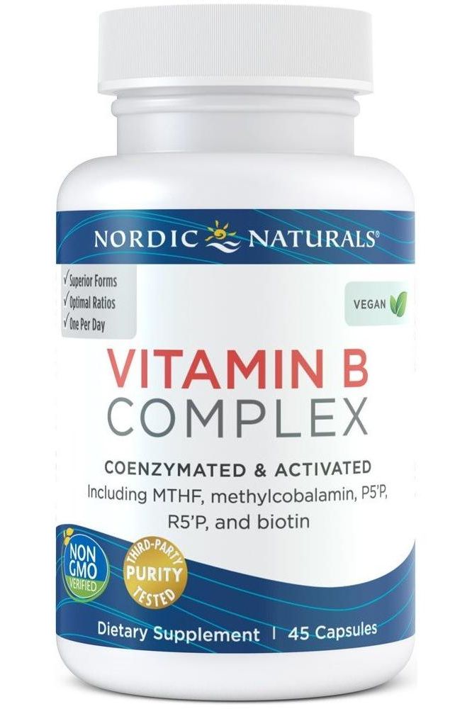 Nordic Naturals Vitamin B Complex supplement bottle with 45 capsules for energy and metabolic support