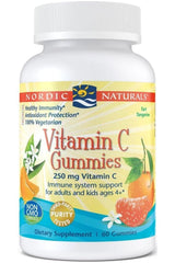 Nordic Naturals Vitamin C Gummies bottle, 250 mg, 100% vegetarian, immune support for adults and kids 4+, tart tangerine flavor.