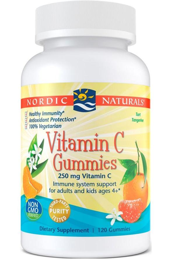 Nordic Naturals Vitamin C Gummies bottle, 250 mg, immune support, vegan, tangerine flavor, 120 count.