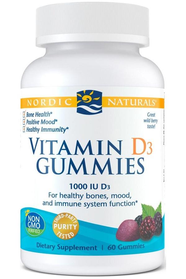 Nordic Naturals Vitamin D3 Gummies bottle for bone health, mood, and immune support with wild berry flavor.